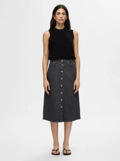 SELECTED FEMME - SLF CLAIR HW BLACK MIDI DENIM SKIRT